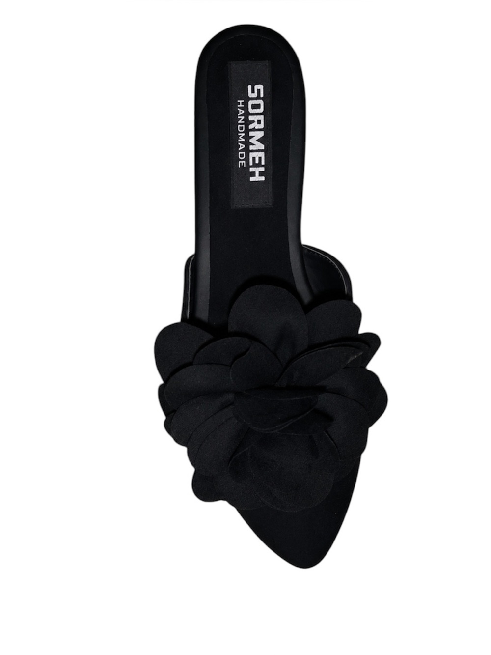 Handmade Black 3D Floral Pointed Toe Slide Mules